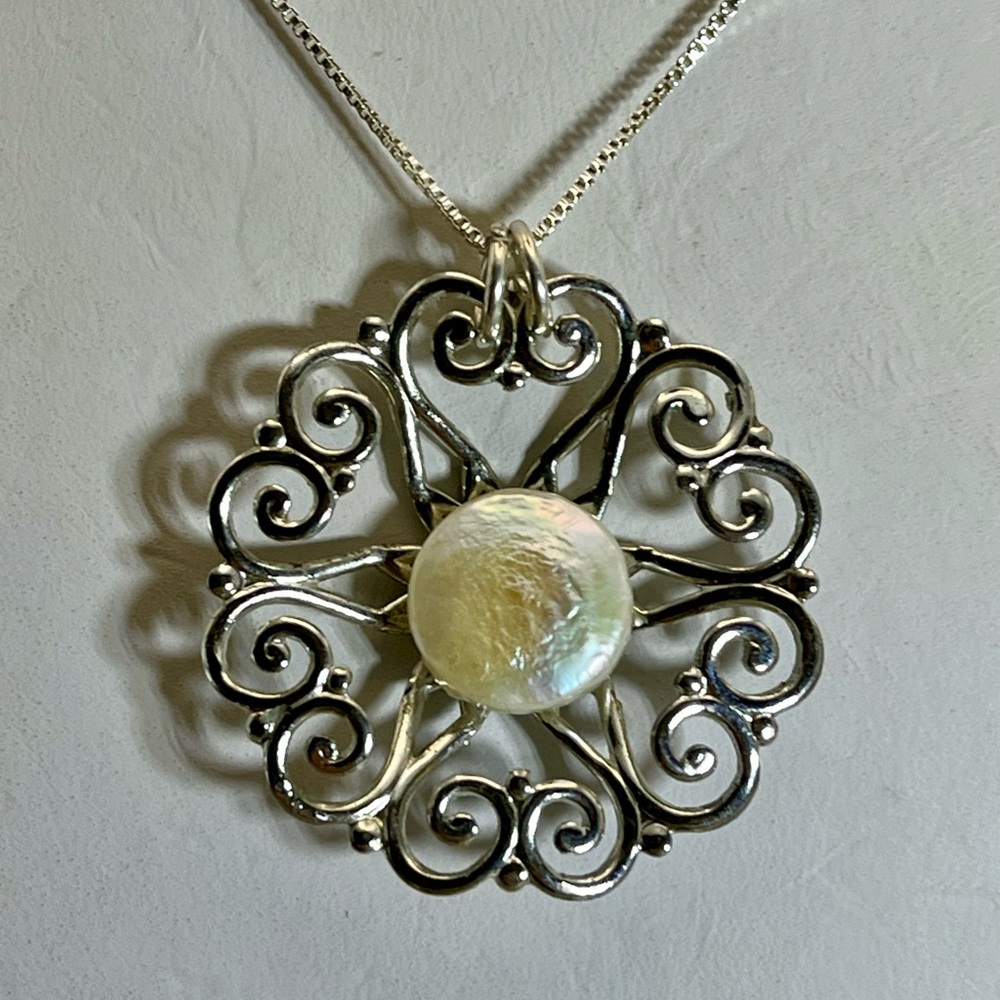 Victorian Silver and White Coin Pearl Filigree Necklace